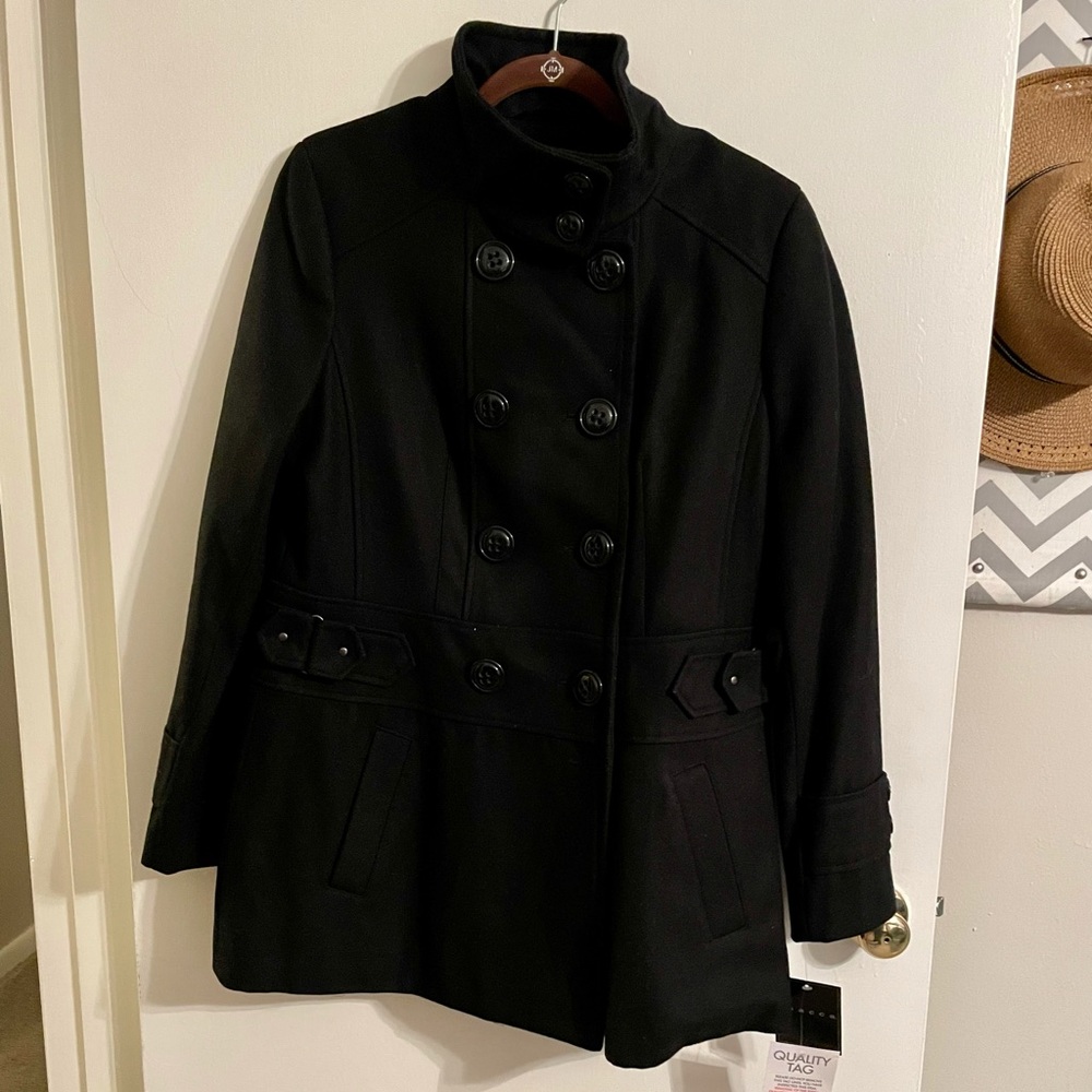 Giacca black double breast peacoat w high collar Large